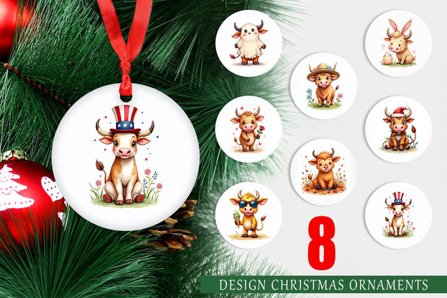 Ornament Year-Round UglyCute Highland Cow Seasonal Watercolor Sublimation artnoy 