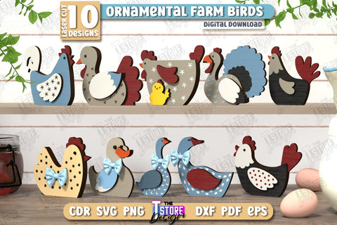 Ornamental Farm Birds Laser Cut Bundle | Farm Characters Laser Cut | Farmhouse Decor | Tabletop Statuette | CNC File SVG The T Store Design 
