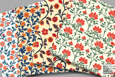 Ornamental Floral Flower Damask Digital Paper | Orange Gold Marigold Digital Pattern Fine Purple Elephant Creations 