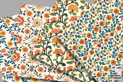 Ornamental Floral Flower Damask Digital Paper | Orange Gold Marigold Digital Pattern Fine Purple Elephant Creations 