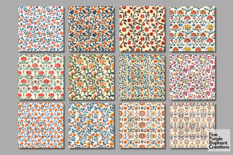 Ornamental Floral Flower Damask Digital Paper | Orange Gold Marigold Digital Pattern Fine Purple Elephant Creations 