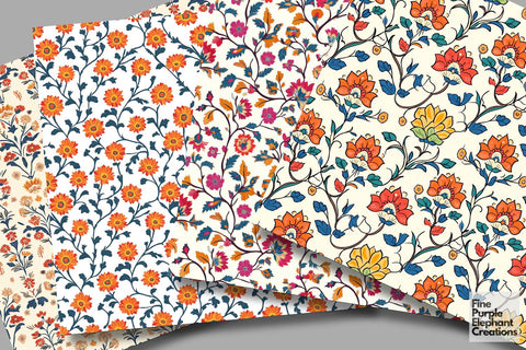 Ornamental Floral Flower Damask Digital Paper | Orange Gold Marigold Digital Pattern Fine Purple Elephant Creations 
