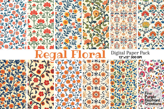 Ornamental Floral Flower Damask Digital Paper | Orange Gold Marigold Digital Pattern Fine Purple Elephant Creations 