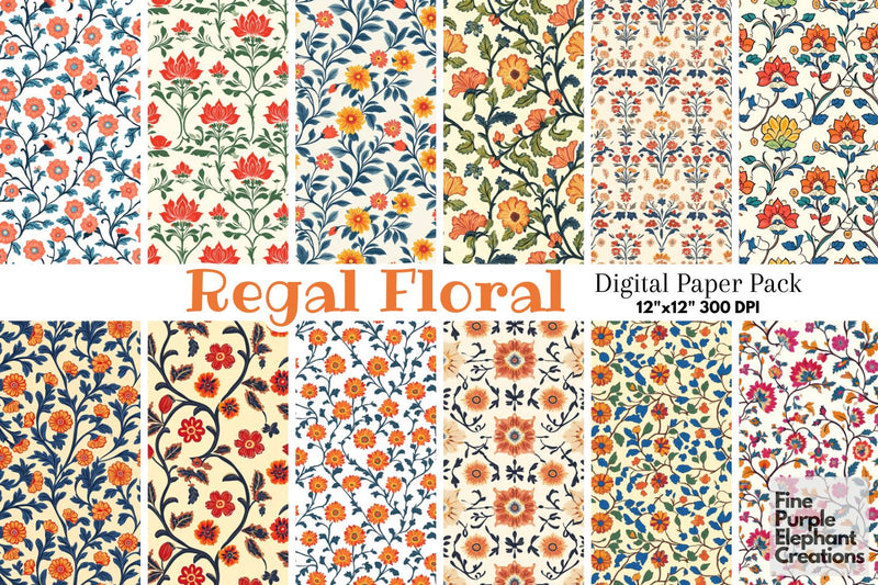Ornamental Floral Flower Damask Digital Paper | Orange Gold Marigold Digital Pattern Fine Purple Elephant Creations 