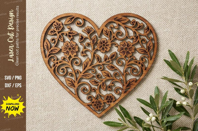 Ornamental Floral Heart Pattern – Laser Cut Wooden Decorative Wall Art Design SVG Regulrcrative 