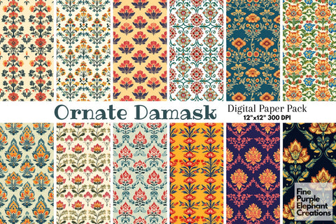Ornamental Indian Damask Digital Paper | Paisley Mandala Tapestry Digital Pattern Fine Purple Elephant Creations 