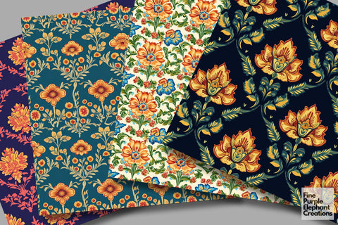 Ornamental Indian Damask Digital Paper | Paisley Mandala Tapestry Digital Pattern Fine Purple Elephant Creations 