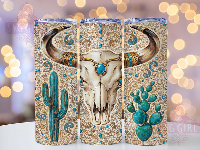 Ornate Bull Skull 20oz Tumbler Wrap, Bull Skull, Ornate Design, Western Theme, Rustic Charm, Boho Style, Skinny Tumbler, Sublimation PNG Sublimation SvggirlplusArt 