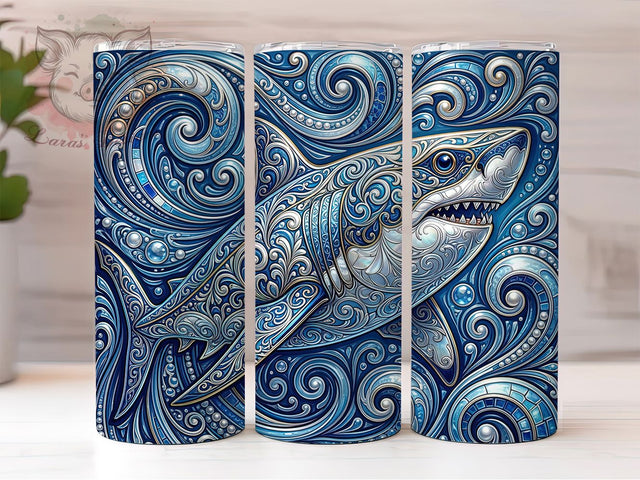 Ornate Great White Shark 20oz Tumbler, Shark Motif, Ornate Design, Ocean Theme, Marine Life, Bold Style, 20oz Wrap, Sublimation Tumbler Sublimation Lara' s Designs 