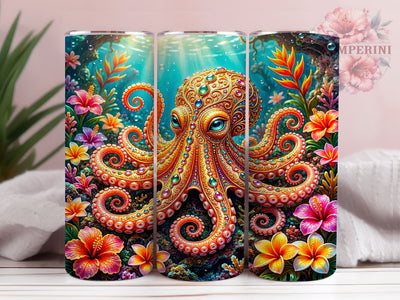 Ornate Octopus Ocean 20oz Tumbler, Golden Filigree, Gemstone Details, Intricate Design, Mystical Ocean, 20oz Tumbler Wrap, Sublimation PNG Sublimation Li Zamperini 