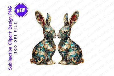 Ornate Rabbits In Teal Gold Clipart Png Sublimation Regulrcrative 