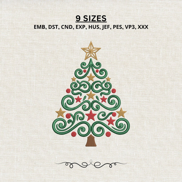 Ornate Swirl Christmas Tree Embroidery Design – Elegant Holiday Tree Stars Machine Embroidery File Embroidery/Applique DESIGNS PatternFeed8 