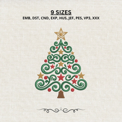 Ornate Swirl Christmas Tree Embroidery Design – Elegant Holiday Tree Stars Machine Embroidery File Embroidery/Applique DESIGNS PatternFeed8 