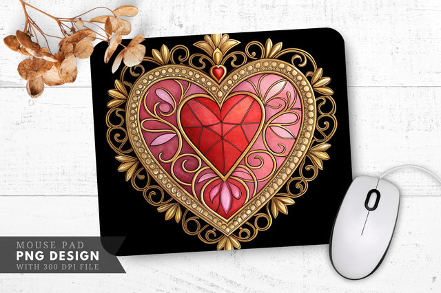Ornate Vintage Stained Glass Heart Mouse Pad PNG Design Sublimation Regulrcrative 