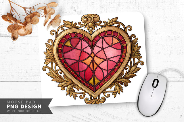 Ornate Vintage Stained Glass Heart Mouse Pad PNG Design Sublimation Regulrcrative 