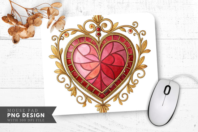 Ornate Vintage Stained Glass Heart Mouse Pad PNG Design Sublimation Regulrcrative 
