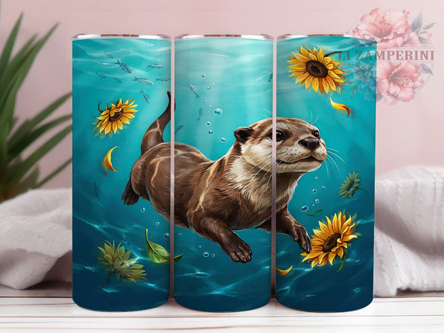 Otter Sunflower Water 20oz Tumbler, Cute Otter, Underwater Scene, Turquoise Water, Whimsical Design, Skinny Tumbler, Sublimation PNG Sublimation Li Zamperini 