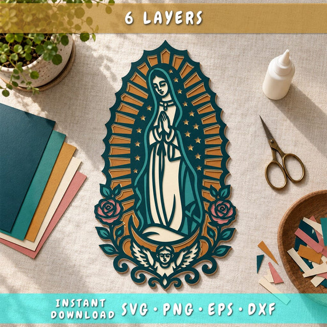 Our Lady of Guadalupe 3D SVG | Virgin Mary Laser Cut File | 6 Layer Catholic SVG | Religious Wall Art DXF | Layered Virgin Mary Decor 3D Paper HappyDesignStudio 