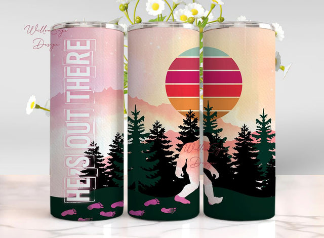 Outdoors Forest Tumbler Bigfoot 20oz Skinny Tumbler Sublimation Wrap Retro Sasquatch Camping He's Out There Tumbler Gift For Camping Lover Sublimation WillowSageDesign 