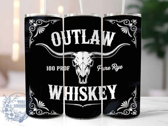Outlaw Whiskey Vintage Western Skull Tumbler, Vintage Western Wrap, Cow Skull PNG Design, 20oz Sublimation Wrap, Rustic Whiskey Label, Western Scrollwork Tumbler, Cowboy Bar Cup Design Sublimation ToriDesigns 