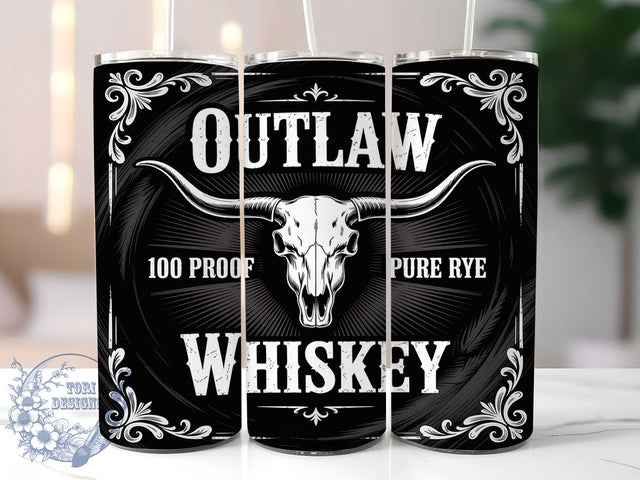 Outlaw Whiskey Vintage Western Skull Tumbler, Vintage Western Wrap, Cow Skull PNG Design, 20oz Sublimation Wrap, Rustic Whiskey Label, Western Scrollwork Tumbler, Cowboy Bar Cup Design Sublimation ToriDesigns 
