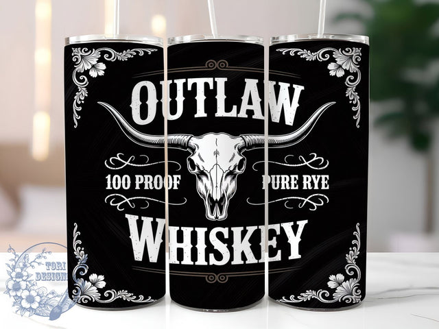 Outlaw Whiskey Vintage Western Skull Tumbler, Vintage Western Wrap, Cow Skull PNG Design, 20oz Sublimation Wrap, Rustic Whiskey Label, Western Scrollwork Tumbler, Cowboy Bar Cup Design Sublimation ToriDesigns 