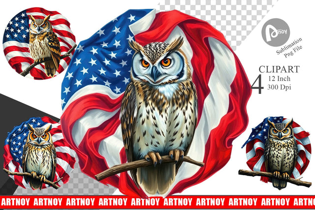 Owl 4th of July Clipart Sublimation artnoy 