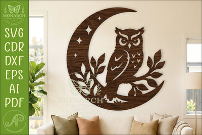 Owl and Moon Wall Art SVG, Woodland owl Laser Cut Design SVG APInspireddesigns 