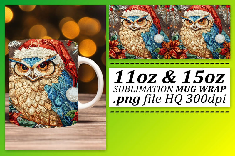 Owl Christmas Mug Wrap 11oz 15oz Embroidered Design Sublimation afrosvg 