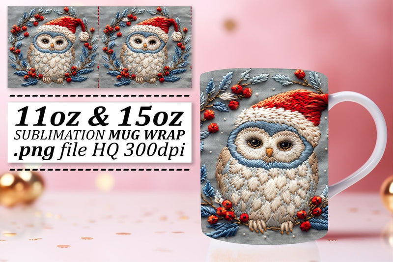 Owl Christmas Mug Wrap 11oz 15oz Embroidered Design Sublimation afrosvg 