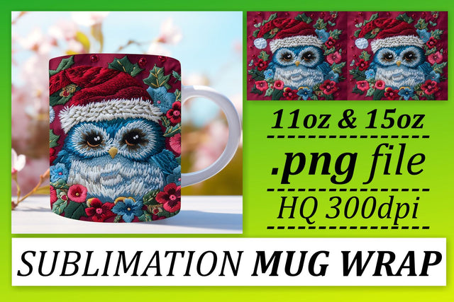 Owl Christmas Mug Wrap Embroidered 11oz 15oz Design Sublimation afrosvg 