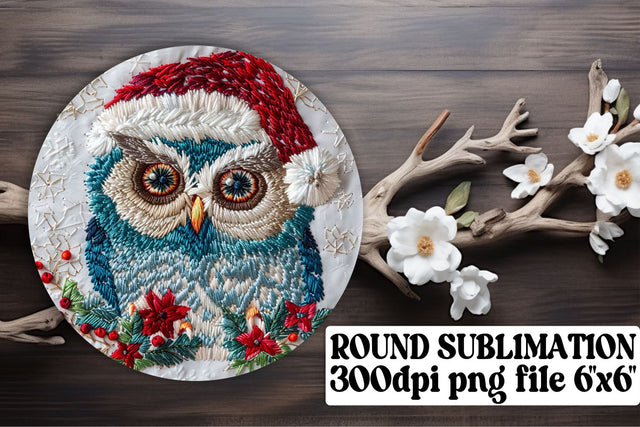 Owl Christmas Round Design Embroidered Sublimation afrosvg 