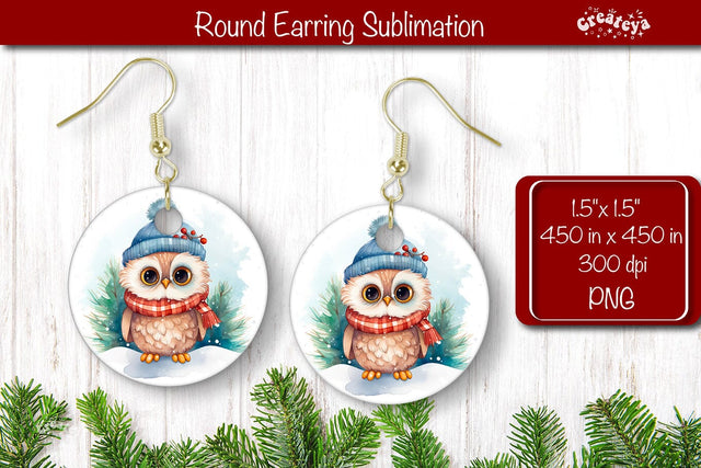 Owl Christmas Round Earring Sublimation Designs Christmas earring png Sublimation Createya Design 