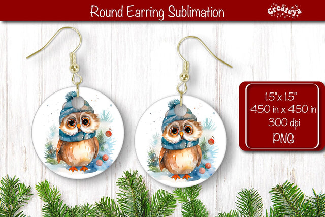 Owl Christmas Round Earring Sublimation Designs Christmas earring png Sublimation Createya Design 