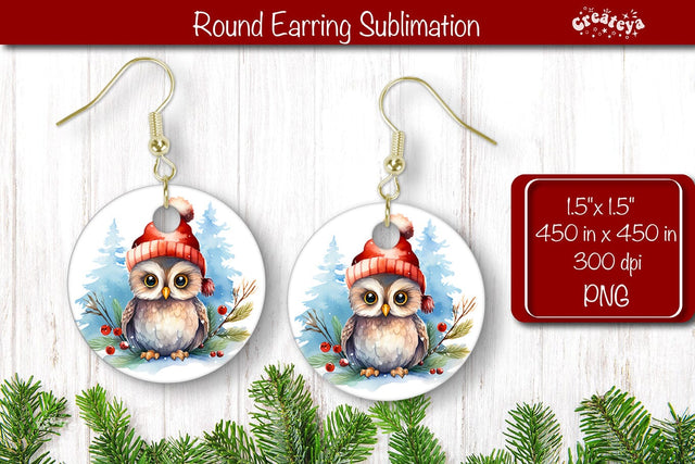 Owl Christmas Round Earring Sublimation Designs Christmas earring png Sublimation Createya Design 