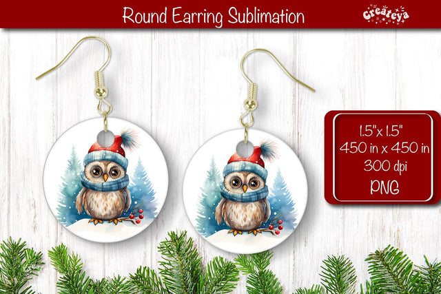 Owl Christmas Round Earring Sublimation Designs Christmas earring png Sublimation Createya Design 