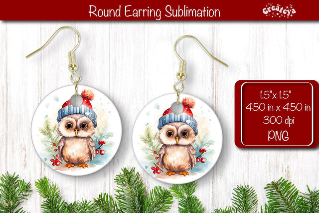 Owl Christmas Round Earring Sublimation Designs Christmas earring png Sublimation Createya Design 
