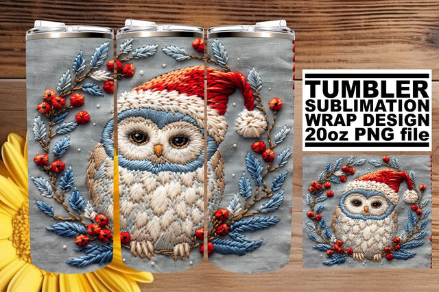 Owl Christmas Tumbler Wrap 20oz Embroidered Design Sublimation afrosvg 