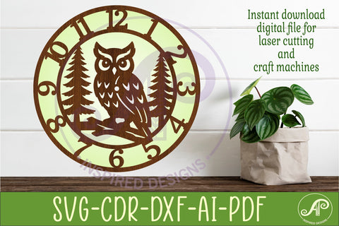 Owl Clock SVG Designs, Owl and Trees Wall Clock for Laser SVG APInspireddesigns 