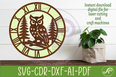 Owl Clock SVG Designs, Owl and Trees Wall Clock for Laser SVG APInspireddesigns 