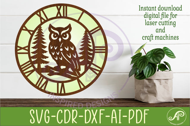 Owl Clock SVG Designs, Owl and Trees Wall Clock for Laser SVG APInspireddesigns 
