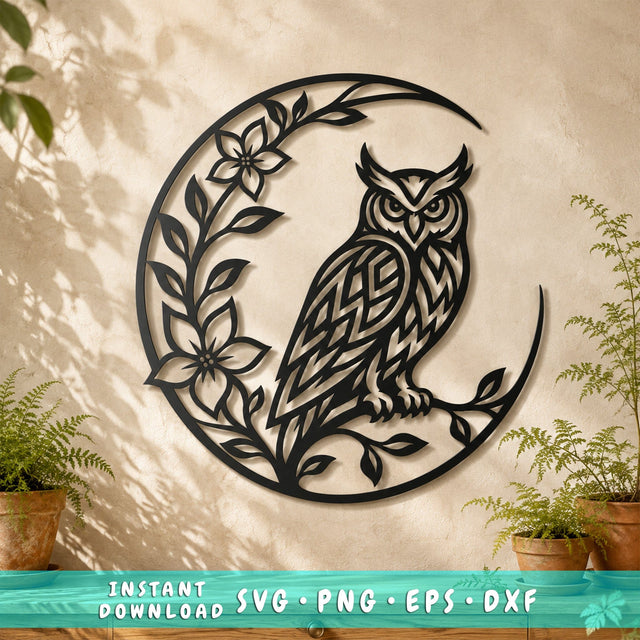 Owl on Crescent Moon Laser SVG | Floral Owl DXF Cut File | Owl Moon Metal Wall Art | CNC Plasma Cutting File | Botanical Owl Design SVG HappyDesignStudio 