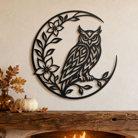 Owl on Crescent Moon Laser SVG | Floral Owl DXF Cut File | Owl Moon Metal Wall Art | CNC Plasma Cutting File | Botanical Owl Design SVG HappyDesignStudio 