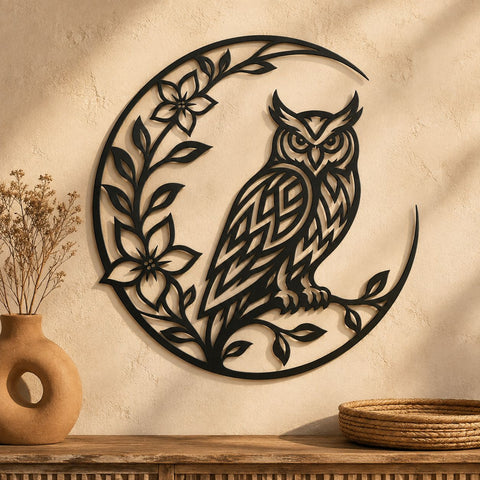 Owl on Crescent Moon Laser SVG | Floral Owl DXF Cut File | Owl Moon Metal Wall Art | CNC Plasma Cutting File | Botanical Owl Design SVG HappyDesignStudio 