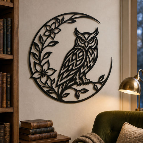 Owl on Crescent Moon Laser SVG | Floral Owl DXF Cut File | Owl Moon Metal Wall Art | CNC Plasma Cutting File | Botanical Owl Design SVG HappyDesignStudio 