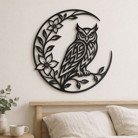 Owl on Crescent Moon Laser SVG | Floral Owl DXF Cut File | Owl Moon Metal Wall Art | CNC Plasma Cutting File | Botanical Owl Design SVG HappyDesignStudio 