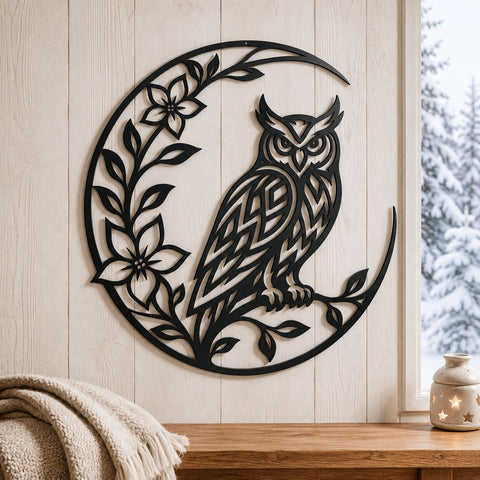 Owl on Crescent Moon Laser SVG | Floral Owl DXF Cut File | Owl Moon Metal Wall Art | CNC Plasma Cutting File | Botanical Owl Design SVG HappyDesignStudio 