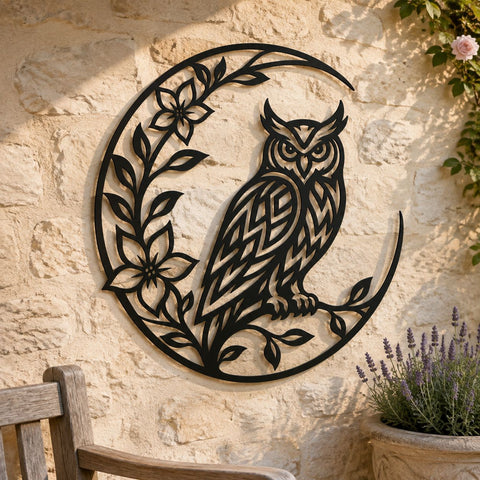 Owl on Crescent Moon Laser SVG | Floral Owl DXF Cut File | Owl Moon Metal Wall Art | CNC Plasma Cutting File | Botanical Owl Design SVG HappyDesignStudio 