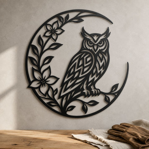 Owl on Crescent Moon Laser SVG | Floral Owl DXF Cut File | Owl Moon Metal Wall Art | CNC Plasma Cutting File | Botanical Owl Design SVG HappyDesignStudio 
