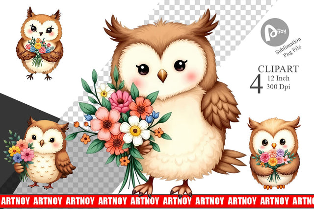 Owl Spring Bouquet Clipart Sublimation artnoy 